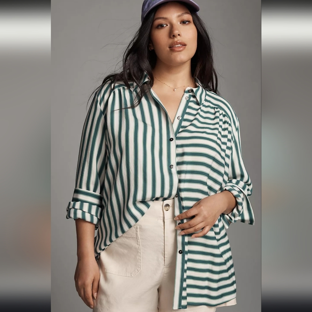 Anthropologie Green and White Striped Blouse